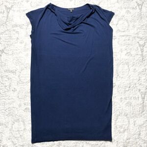 Eileen Fisher Navy Blue Jersey Knit Dress Drape Front Swing Dress Sz M Petite